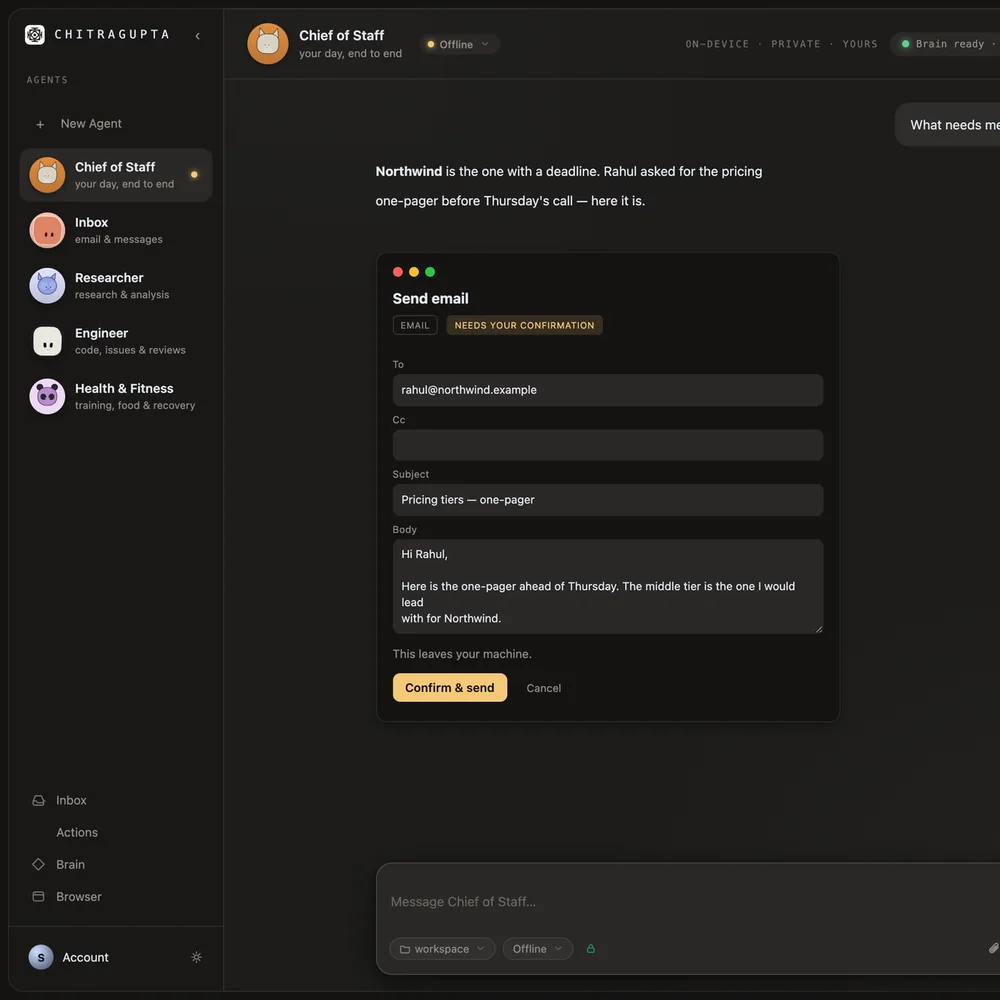 The workspace: the agent roster beside a conversation with an action card open